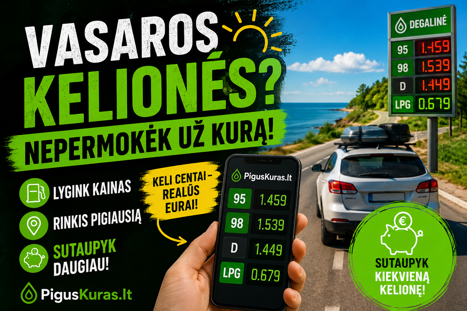 Vasaros kelionė automobiliu ir kuro kainų palyginimas Lietuvoje