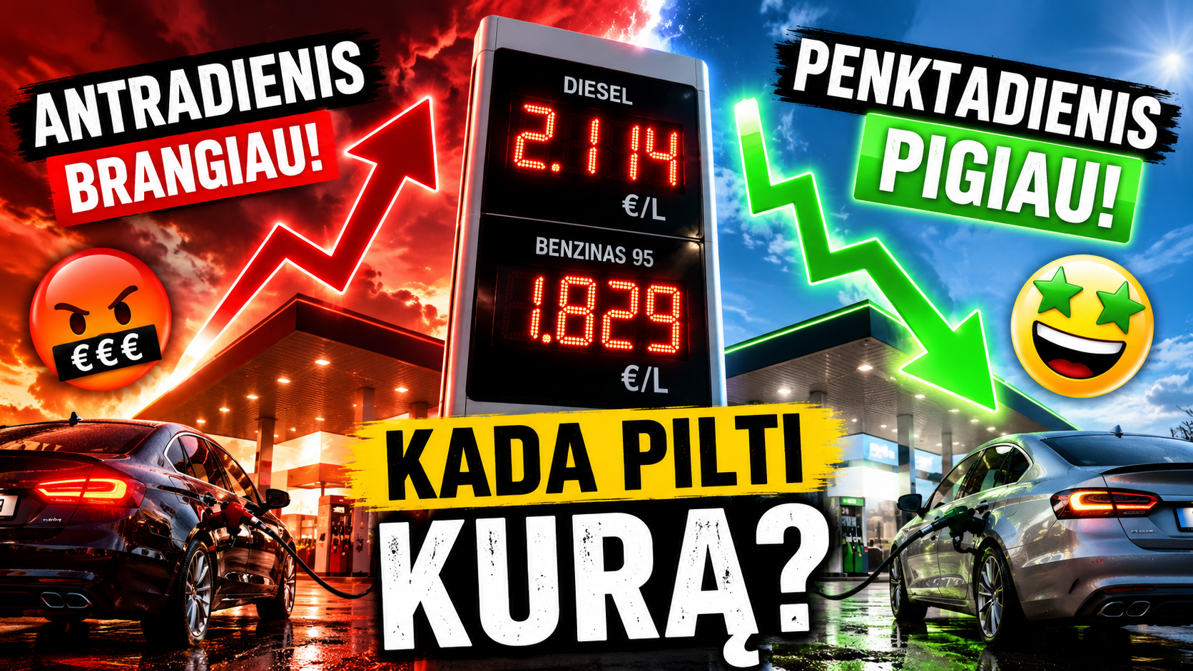Degalų kainų pokyčiai skirtingomis savaitės dienomis Lietuvoje